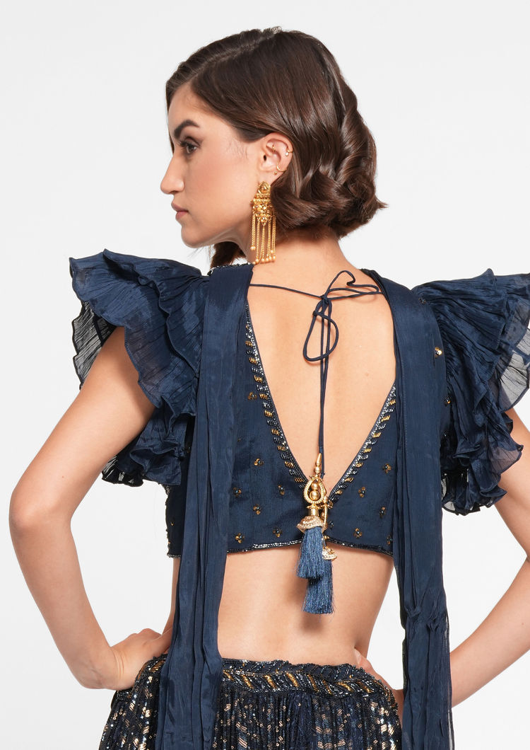 Buy Navy Blue Georgette Sequin Embroidered Ruffle Lehenga Online